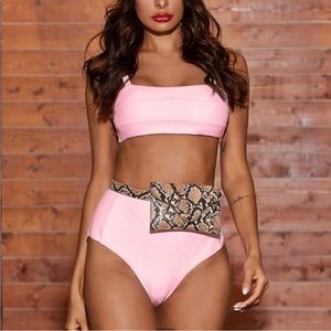 POWDER PINK TIE BACK HIGH WAIST BIKINI SWIMSUIT SZ LARGE